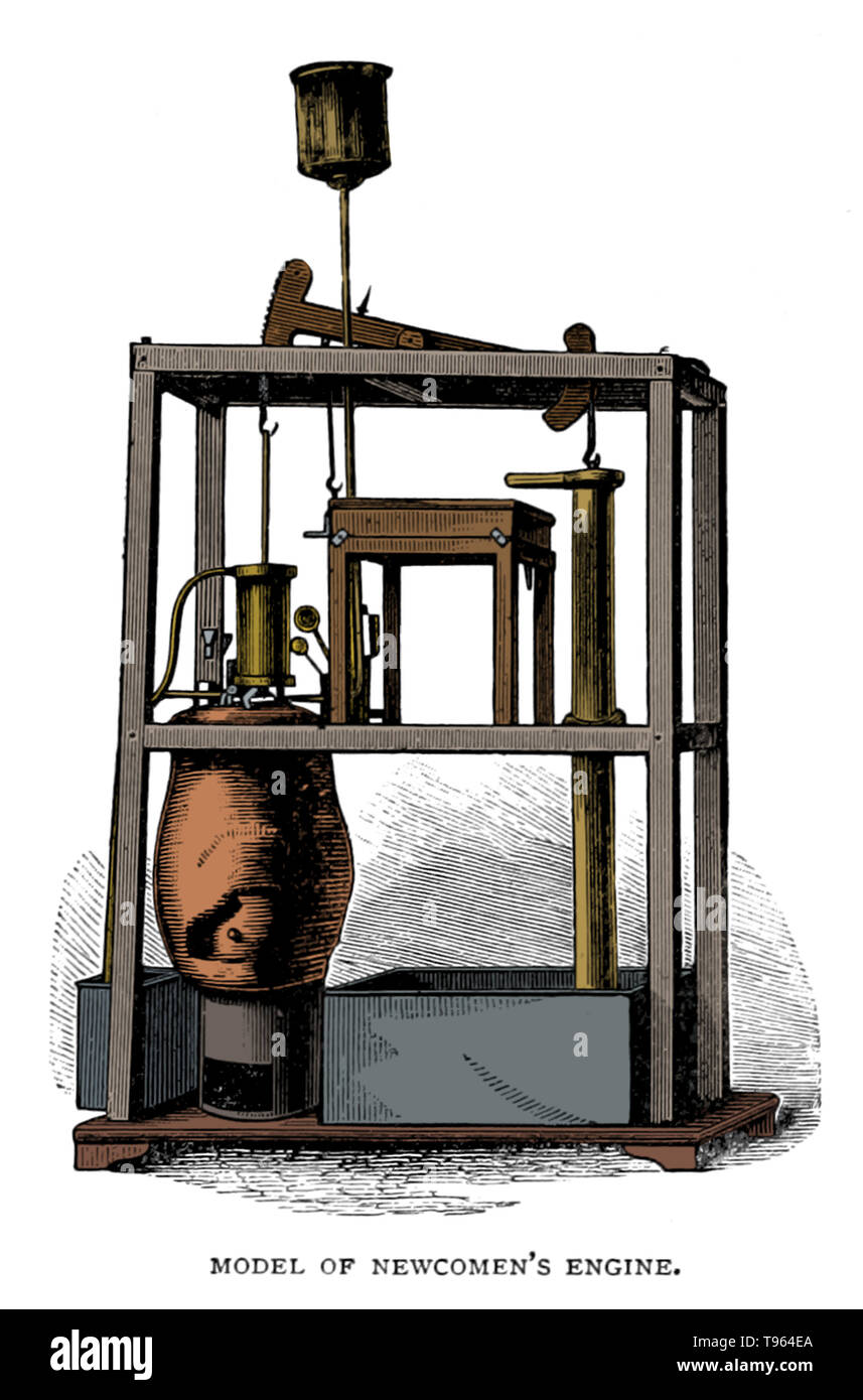 Illustration of Newcomen's steam engine taken from page 112 of 'George Square, Glasgow; and the lives of those whom its statues commemorate, etc' by Thomas (of Glascow) Somerville, 1891. The atmospheric engine invented by Thomas Newcomen in 1712, often referred to simply as a Newcomen engine, was the first practical device to harness the power of steam to produce mechanical work. Stock Photo