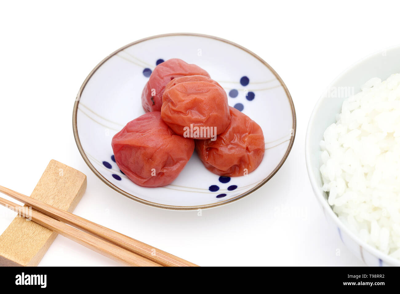 Japanese food, pickled Umeboshi with cooked rice Stock Photo