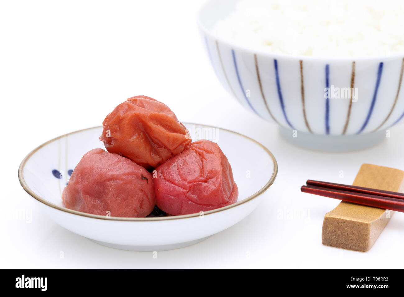 Japanese food, pickled Umeboshi with cooked rice Stock Photo