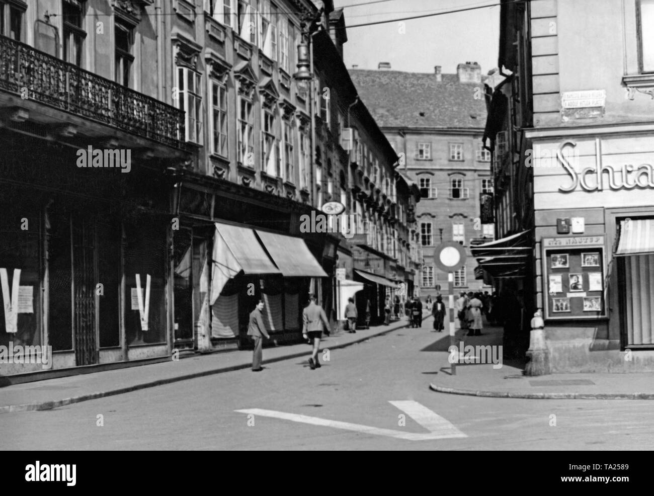 A 'V' sign is displayed on Sattlergasse in Bratislava. The 'V' is a Nazi symbol of victory. Stock Photo