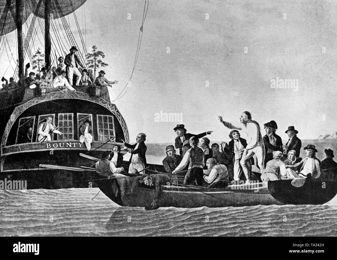 A engraving by British artist Robert Dodd shows Captain Bligh and several loyal crew members when leaving the 'Bounty'. Stock Photo