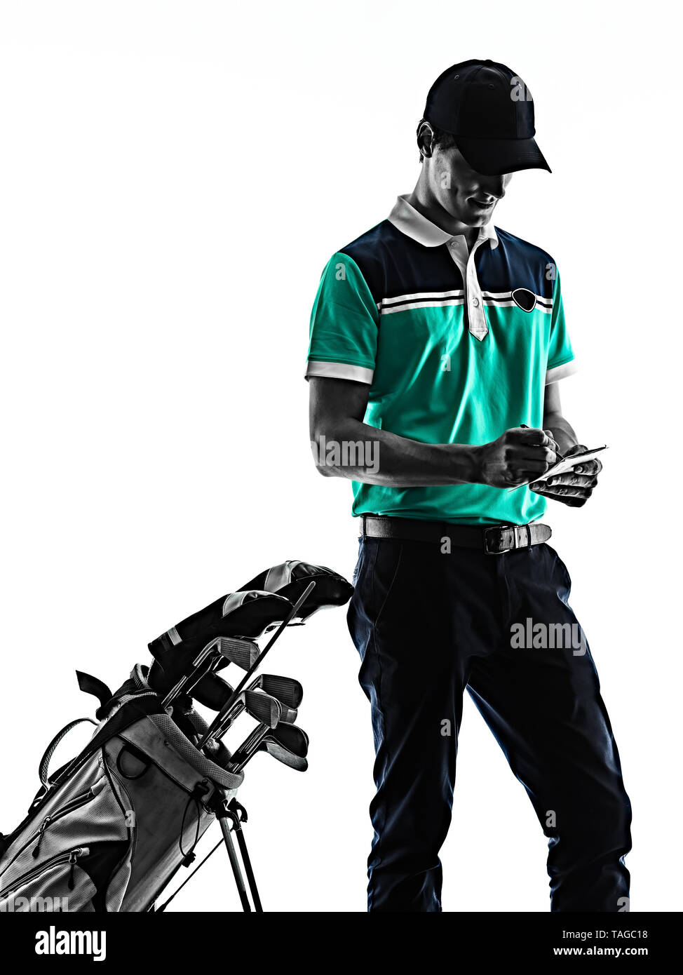 one young caucasian Man Golf golfer golfingshadow silhouette  isolated  on white background Stock Photo