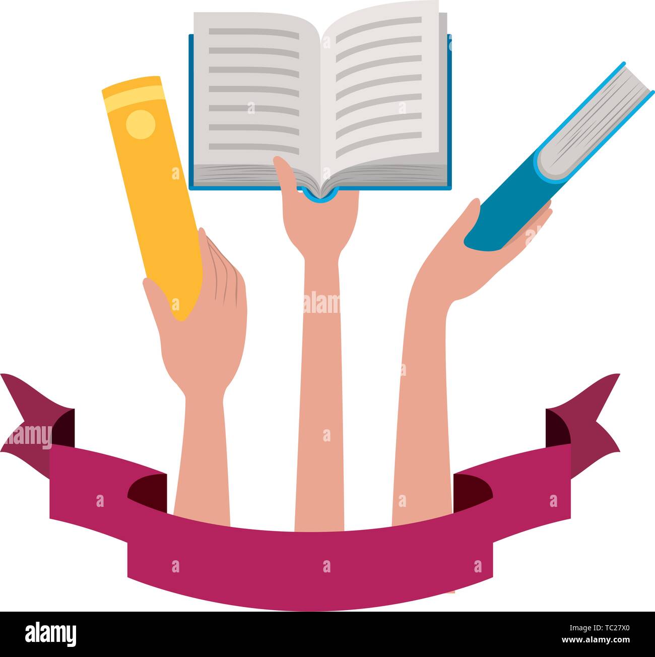 pattern of hands with books in white background Stock Vector