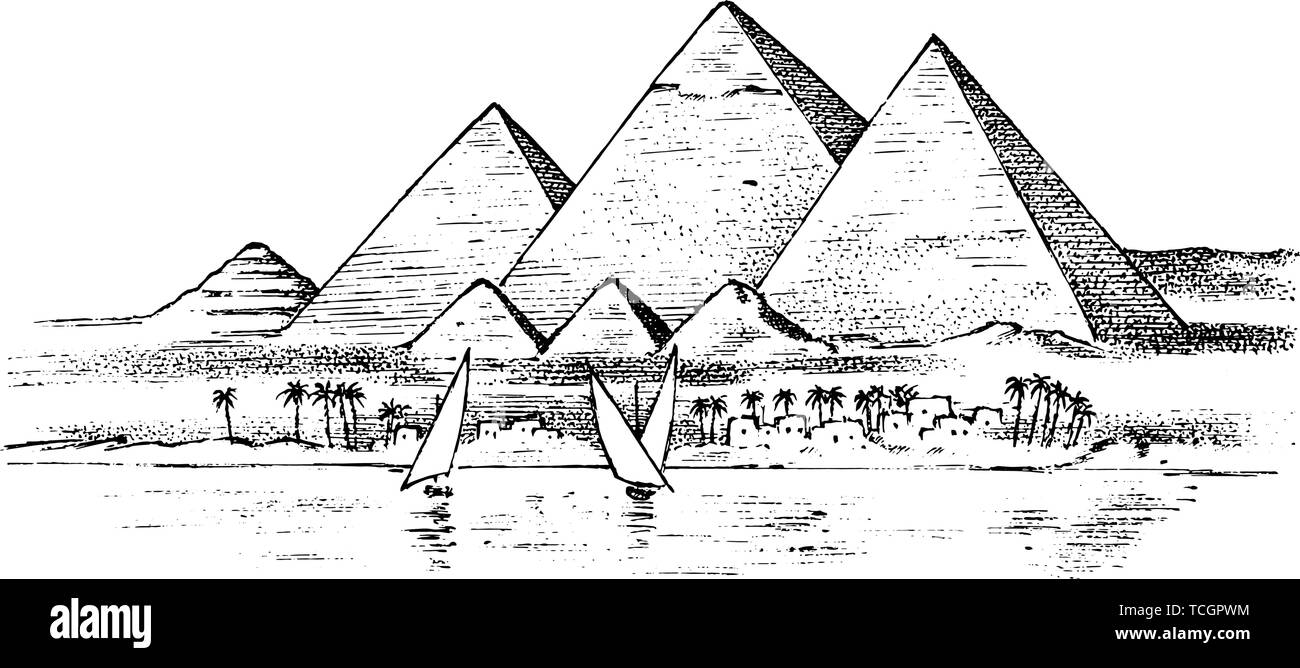 Seven Wonders of the Ancient World. Great Pyramid of Giza. The great construction of the Greeks. Hand drawn engraved vintage sketch. Stock Vector