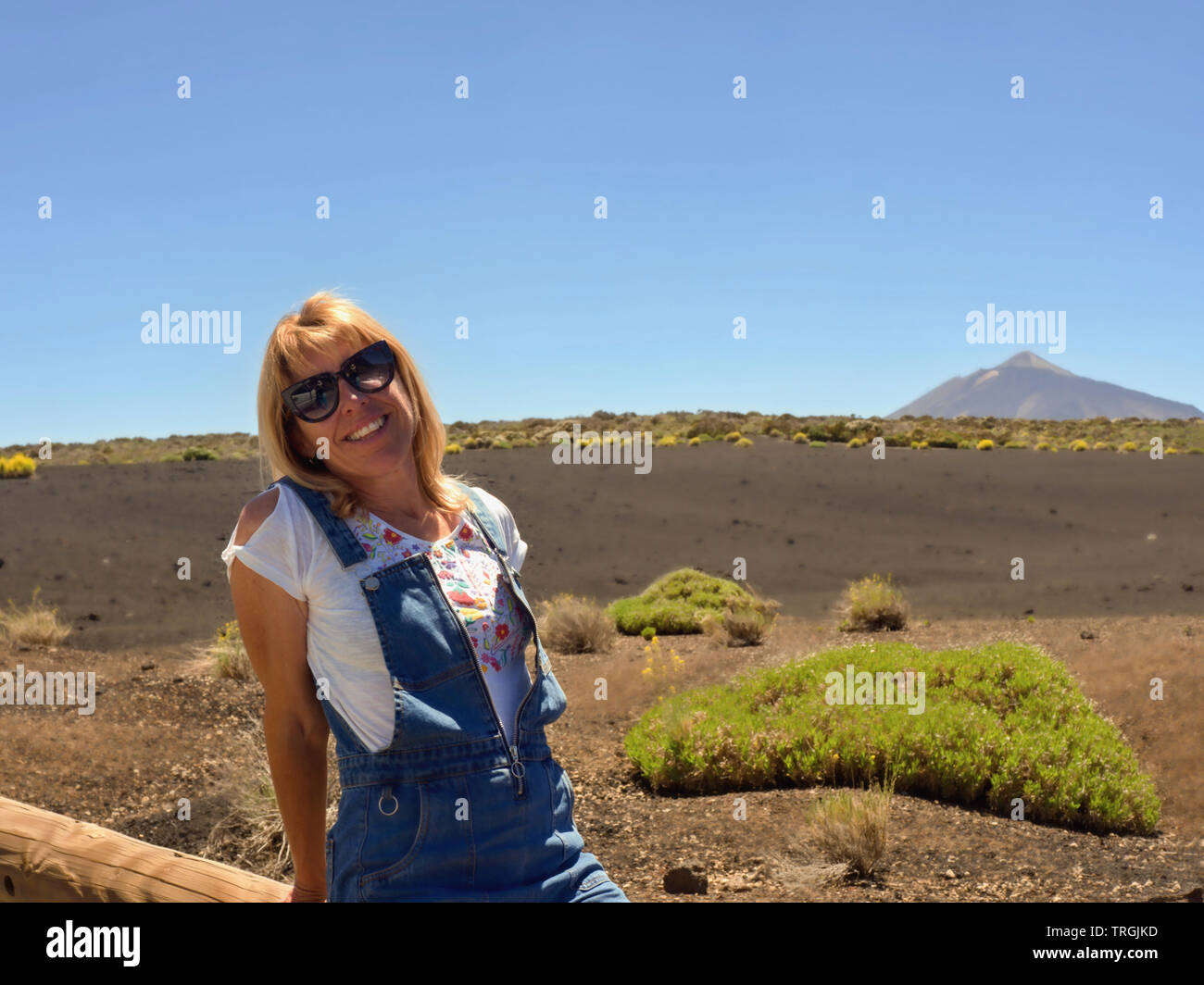 A woman is sitting on tree-trunk, wearing sunglasses and a white T-shirt and blue short dungarees. She has blond long hair. In the background is a bea Stock Photo