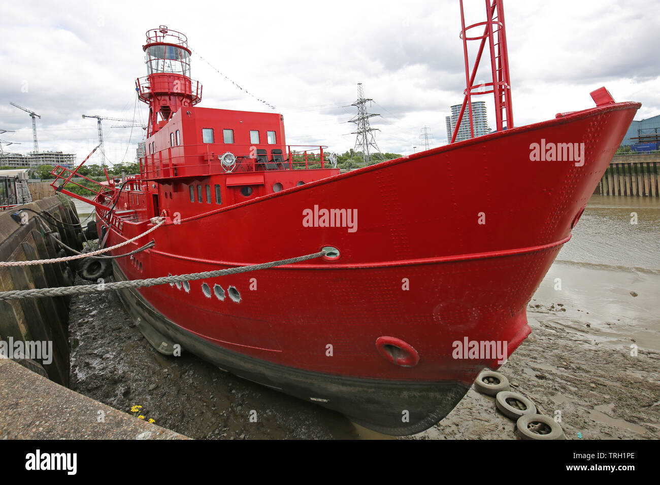 Lightship LV93 at Trinity Buoy Wharf, London, UK. The decommissioned lightship is moored next to the Trinity House lighthouse next to the river Thames Stock Photo