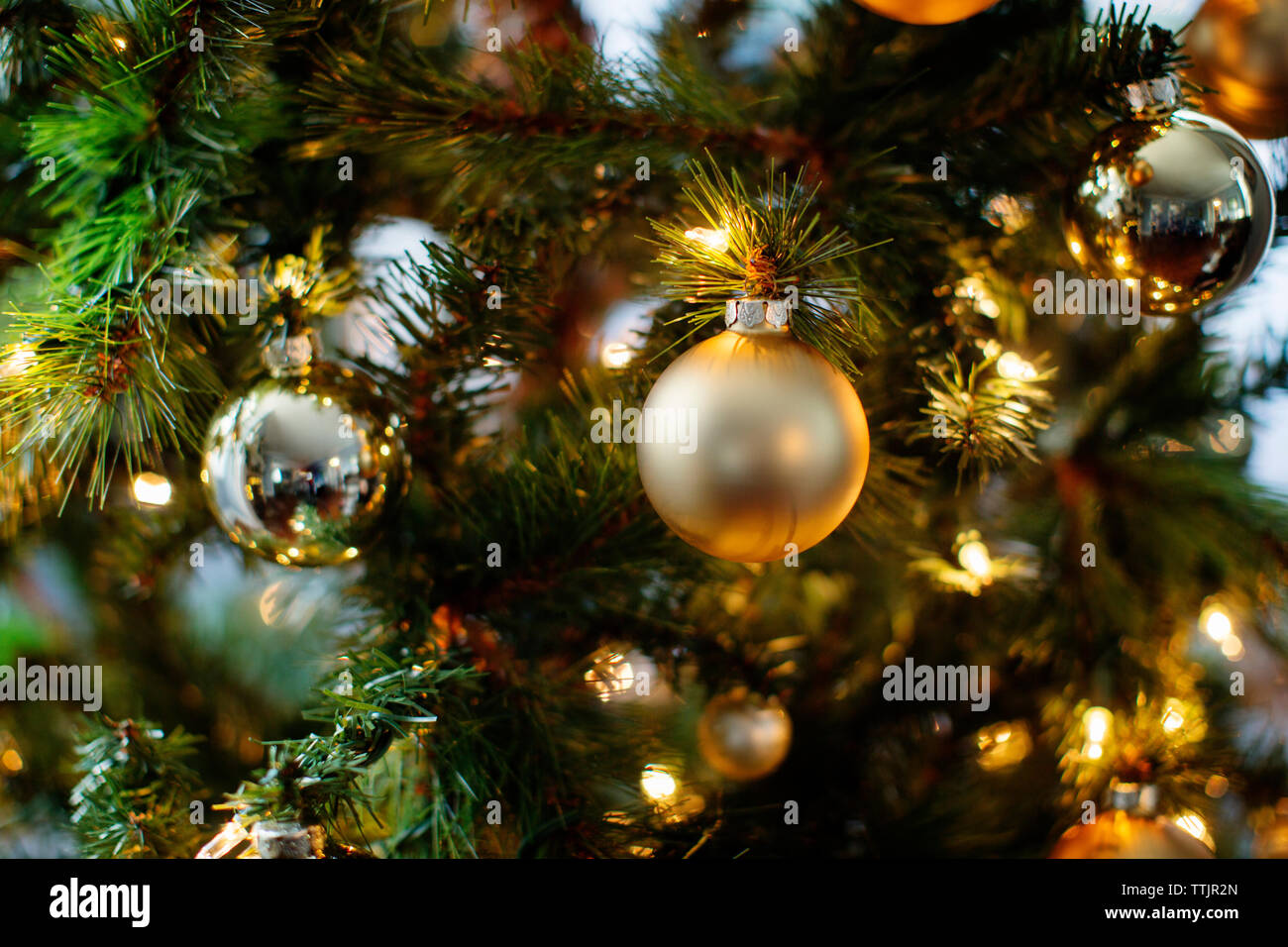 Close-up of ornaments and lights on Christmas tree Stock Photo