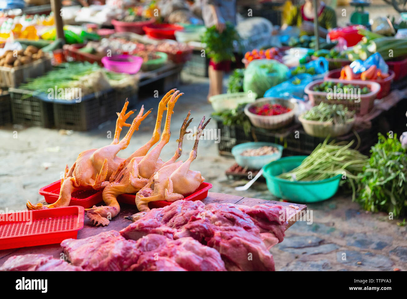 Raw Chicken for sale at market, Bac Ha, Lao Cai Province, Vietnam, Asia, Stock Photo