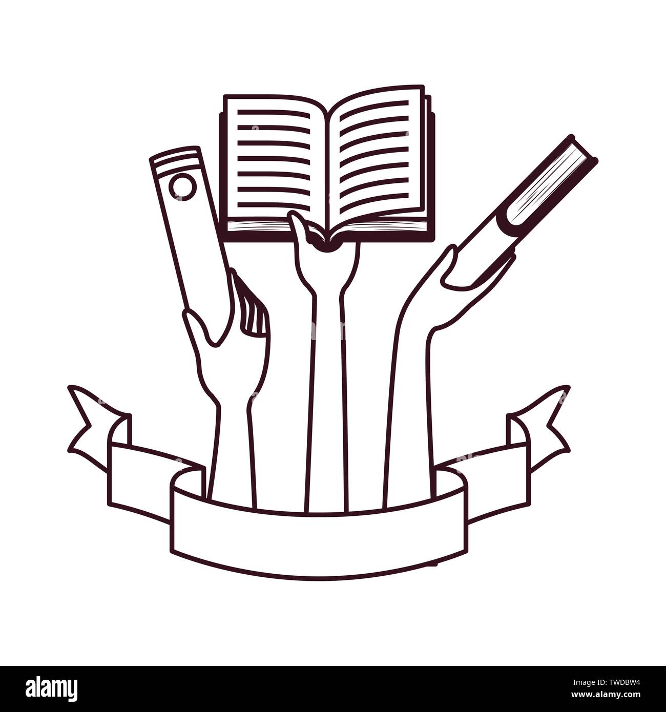 pattern of hands with books in white background Stock Vector