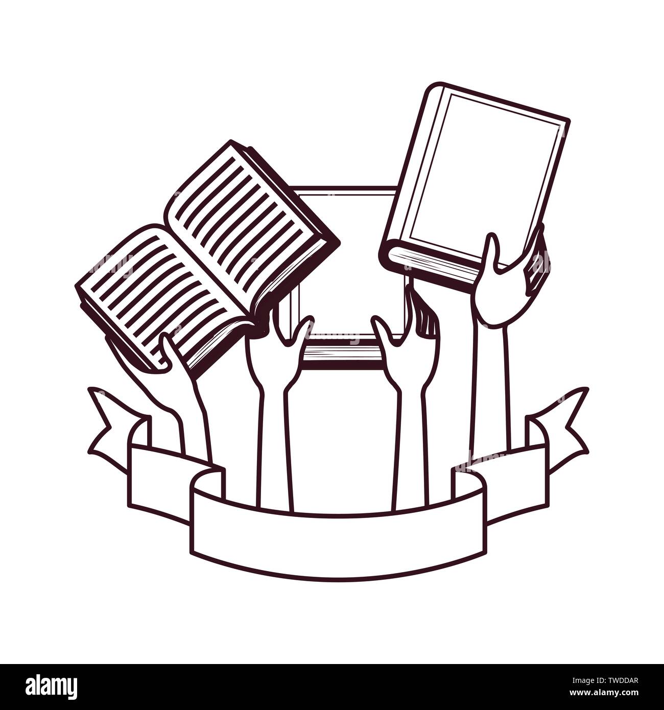 pattern of hands with books in white background Stock Vector