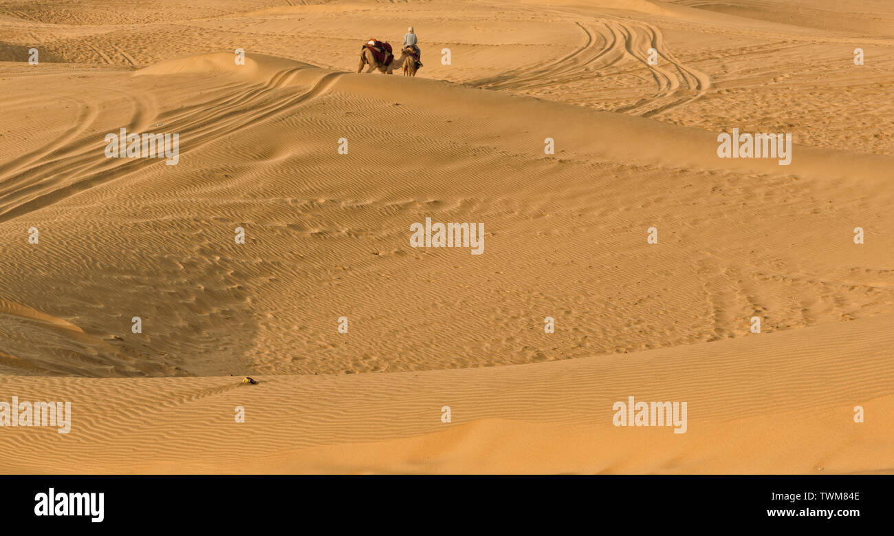 A camel owner is in search of a customer in Sam Sand Dunes, Jaisalmer,Rajasthan, India.They take people for desert safari which is a great experience. Stock Photo