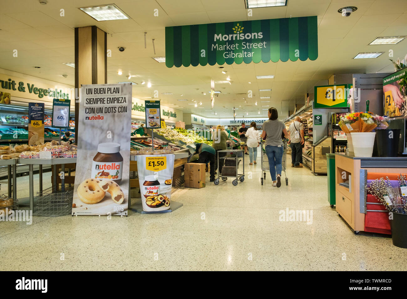 Morrisons Supermarket, Gibraltar.  Only store outside the UK with supplies delivered by 18 trucks taking 3 days for the journey. Stock Photo