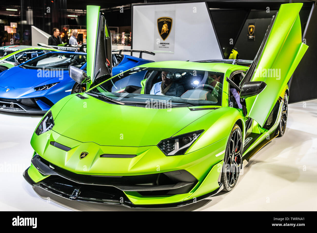 Paris, France, Oct 04, 2018 metallic green Lamborghini Aventador SVJ  Roadster, Mondial Paris Motor Show, supercar manufactured by Italian  Lamborghini Stock Photo - Alamy