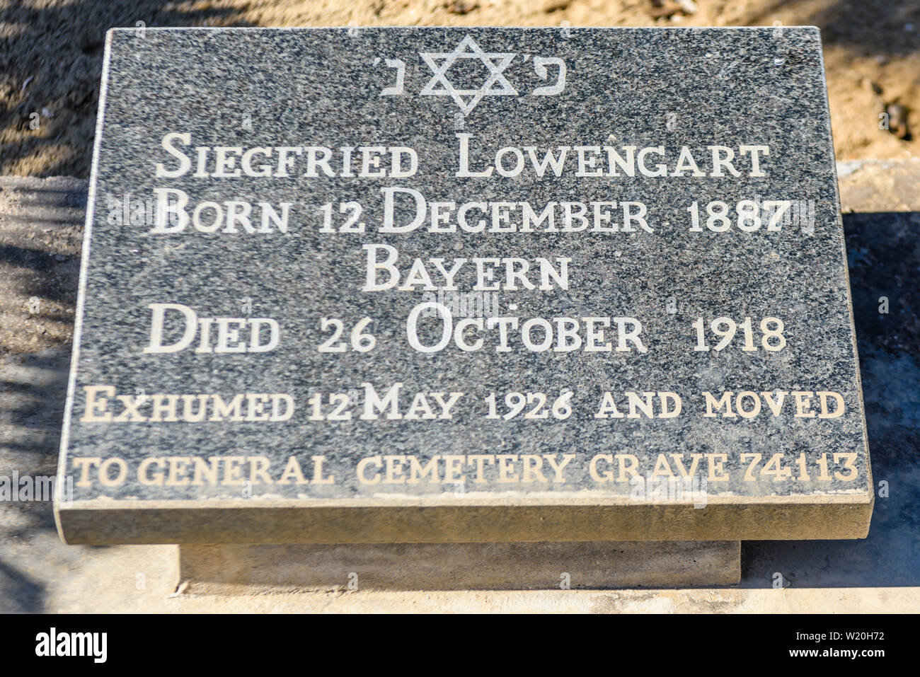 Gravestone for a Jewish man in a German Graveyard who died in 1918.  His body was exhumed in 1926, 8 years after his burial, and moved to a different graveyard. Namibia Stock Photo