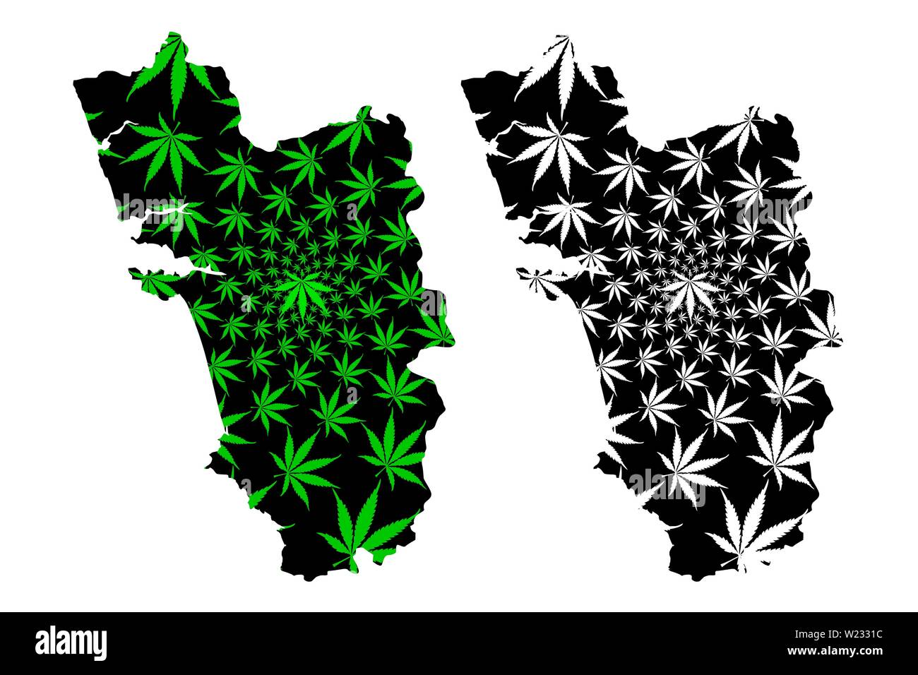 Goa (States and union territories of India, Federated states, Republic of India) map is designed cannabis leaf green and black, Goa state map made of Stock Vector