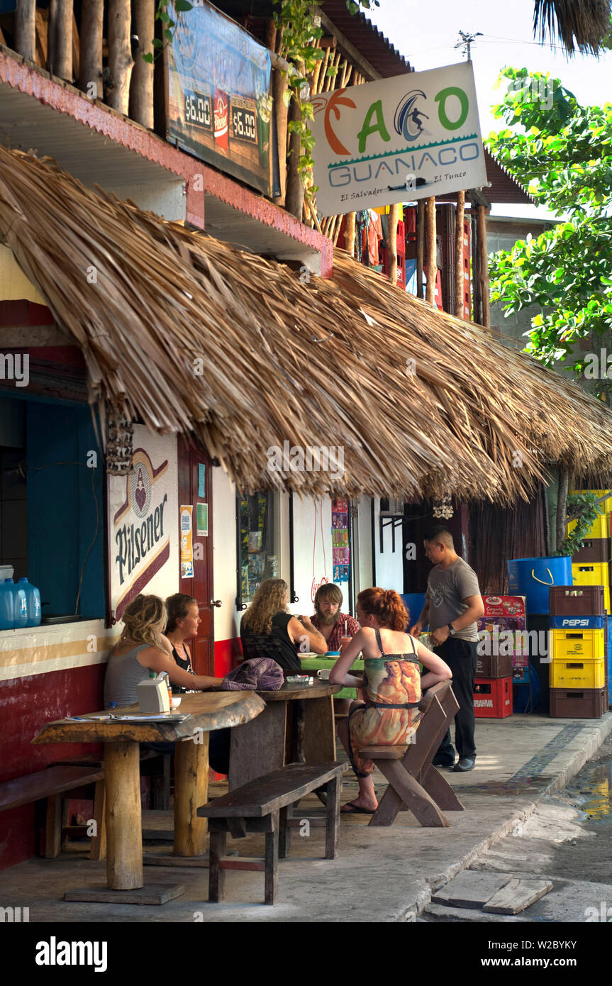 Playa El Tunco, El Salvador, Downtown Dining, Pacific Ocean Beach Resort, Popular With Surfers Stock Photo