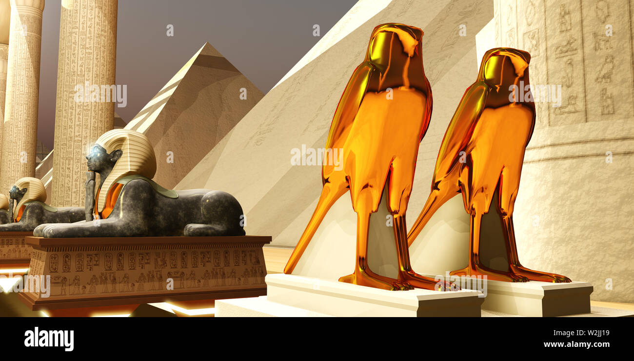 The Falcon statues represent the Egyptian god Horus as the protector and ruler of Egypt's dynasty. Stock Photo