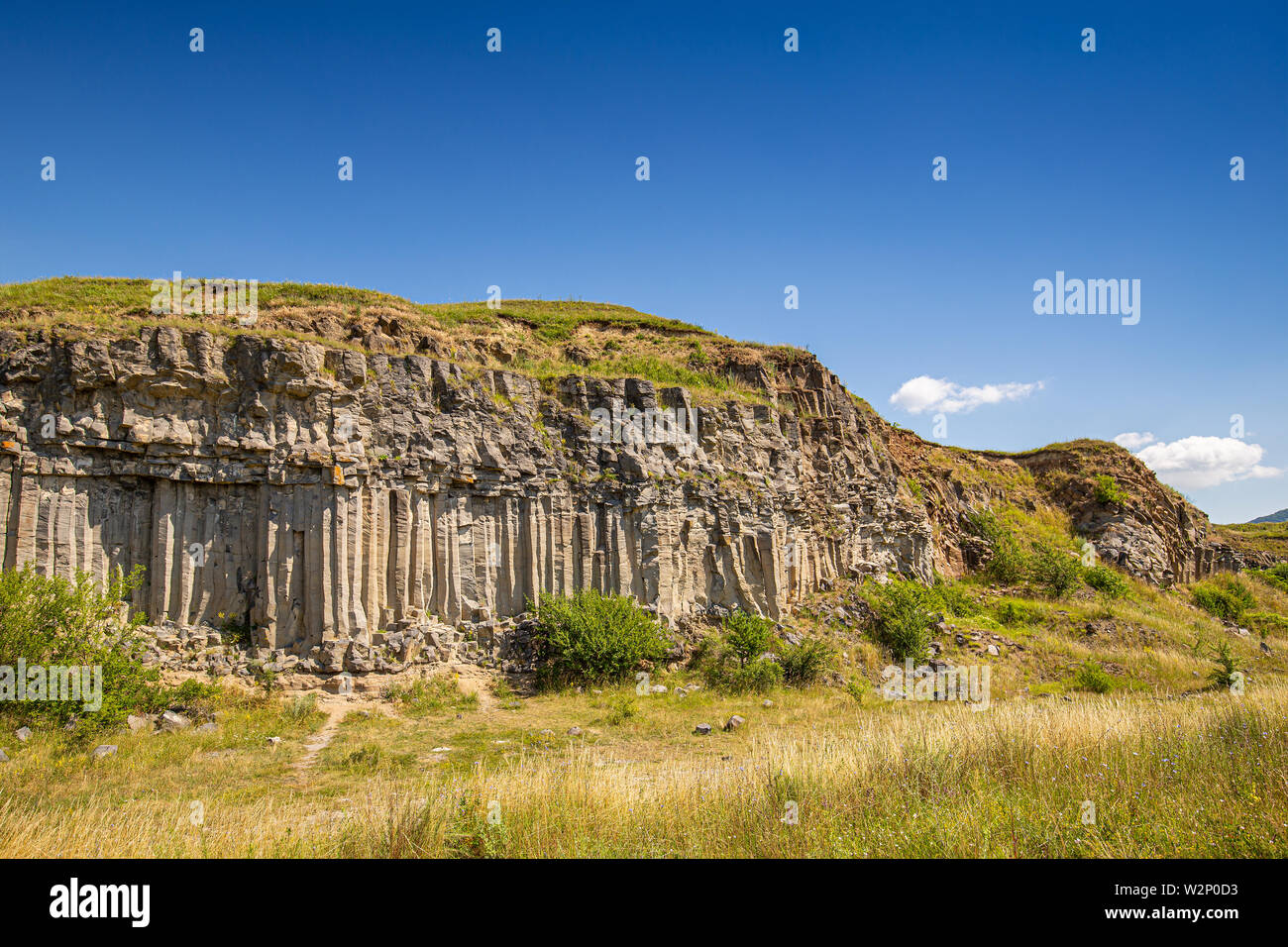 Grey columnar basalt, Basalt column rock formations Stock Photo