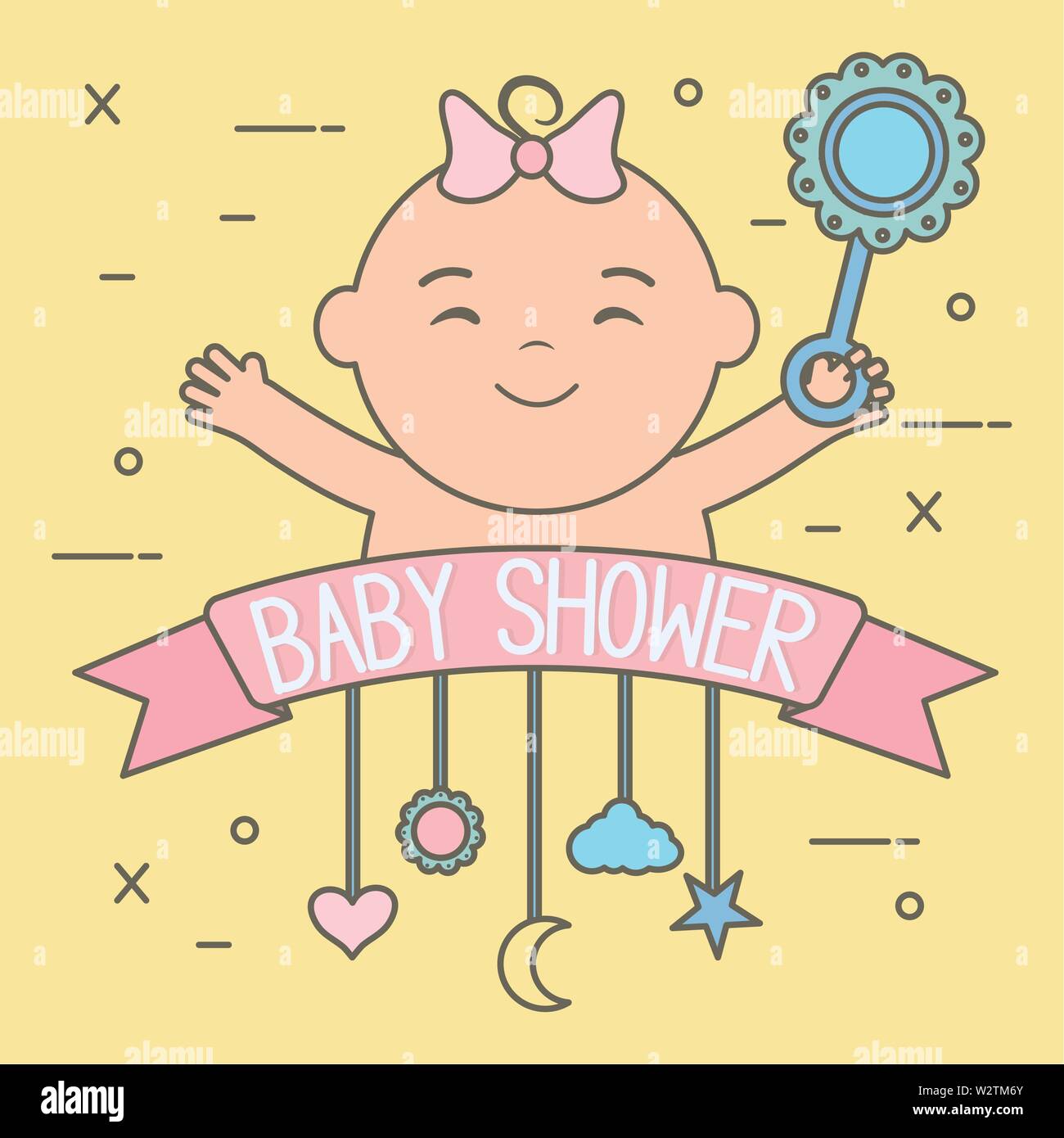 cute little baby girl with maracas and decorative mobile vector ...