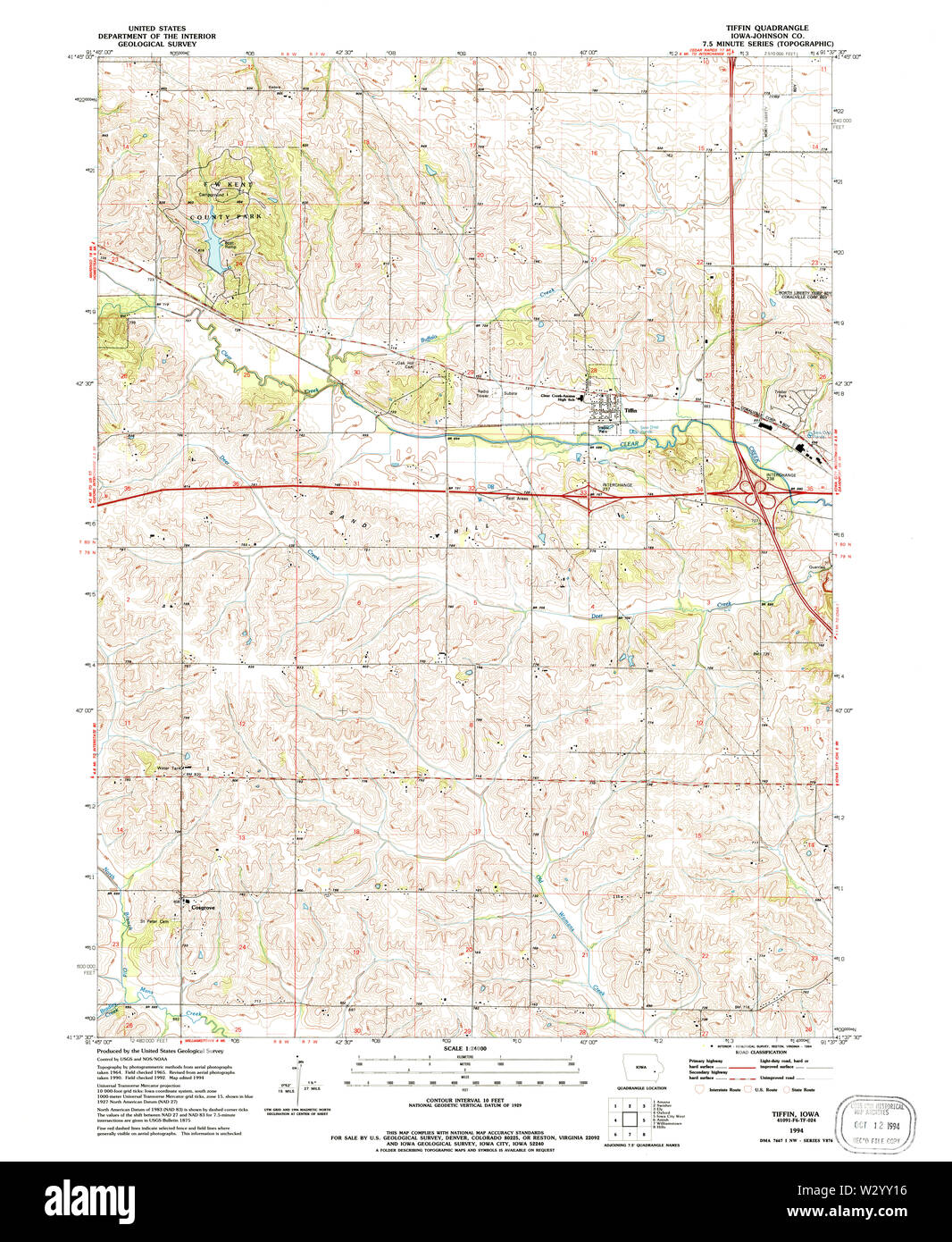 USGS TOPO Maps Iowa IA Tiffin 175626 1994 24000 Restoration Stock Photo