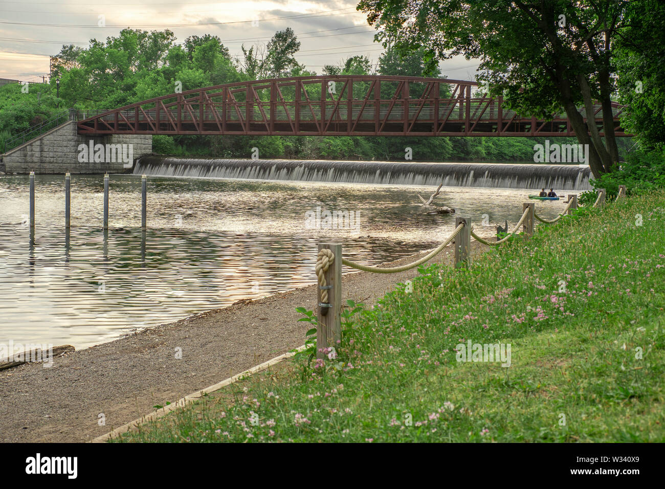 Man-made Waterfall on Mohawk River at Bellamy Harbor Park, Rome, New York (Closeup) Stock Photo