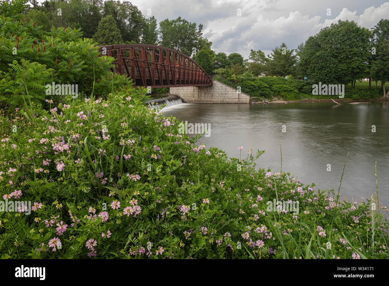 Man-made Waterfall on Mohawk River at Bellamy Harbor Park, Rome, New York Stock Photo