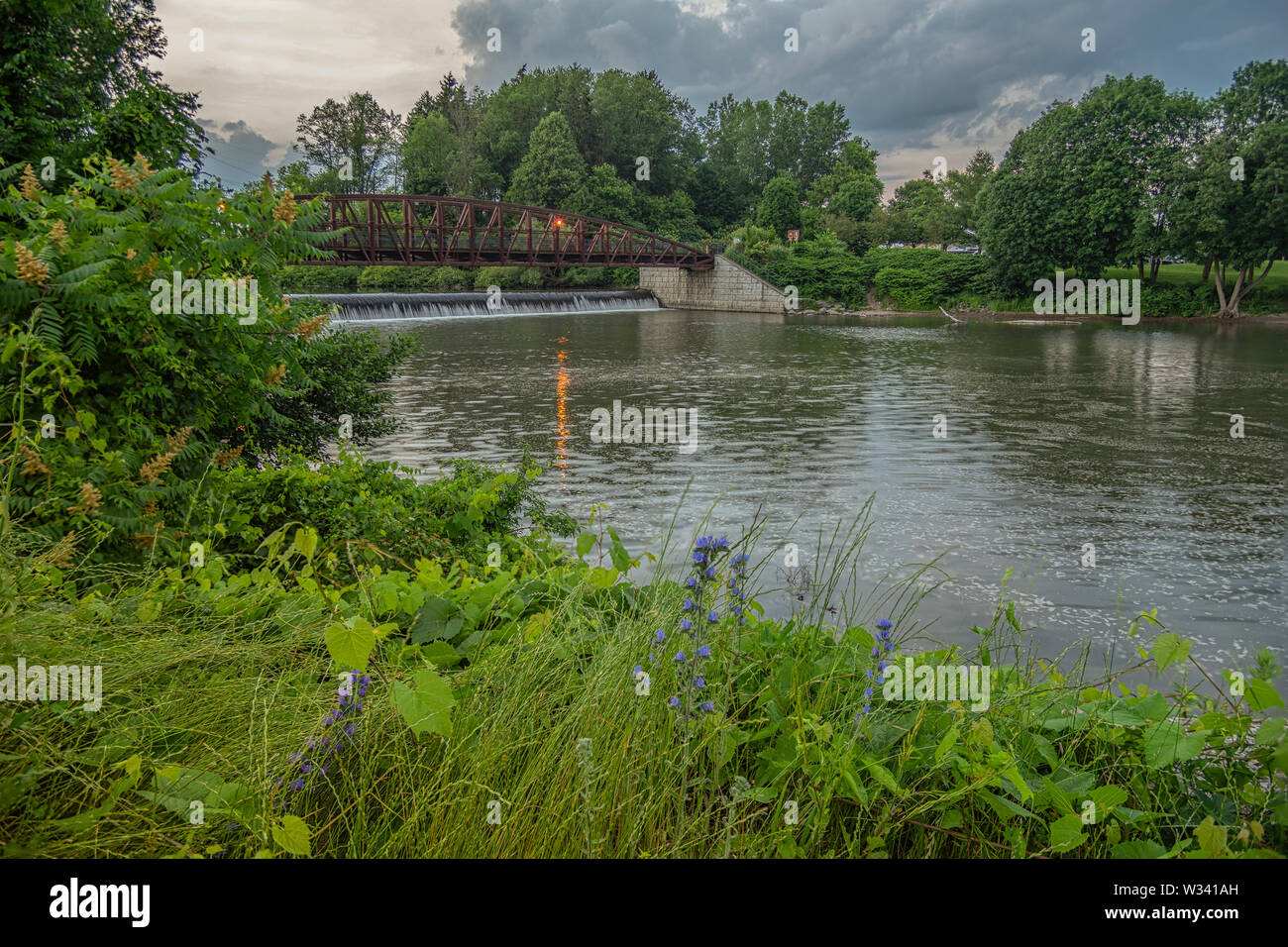 Man-made Waterfall on Mohawk River at Bellamy Harbor Park, Rome, New York (wide) Stock Photo