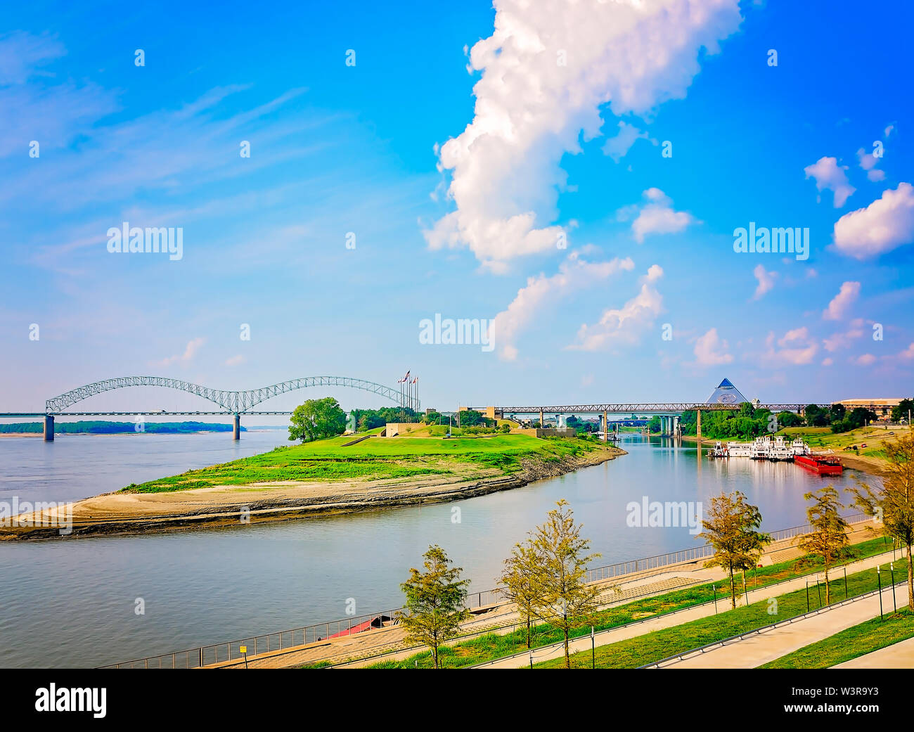 The Hernando de Soto Bridge, also called the M Bridge, is pictured as it crosses the Mississippi River, Sept. 6, 2015, in Memphis, Tennessee. Stock Photo