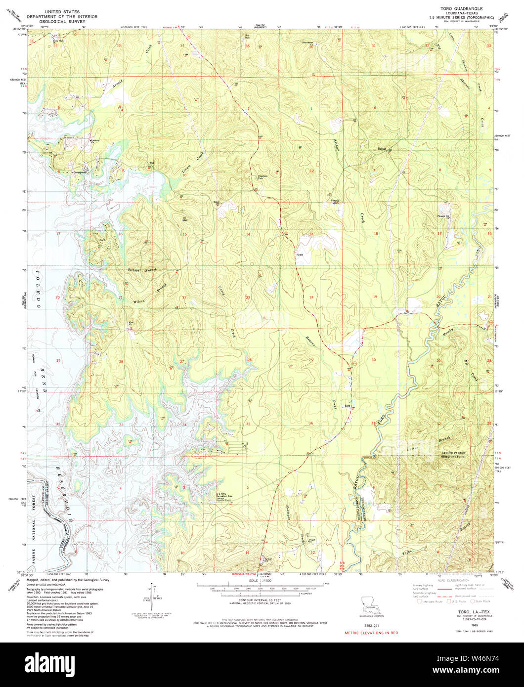 USGS TOPO Map Louisiana LA Toro 333438 1985 24000 Stock Photo