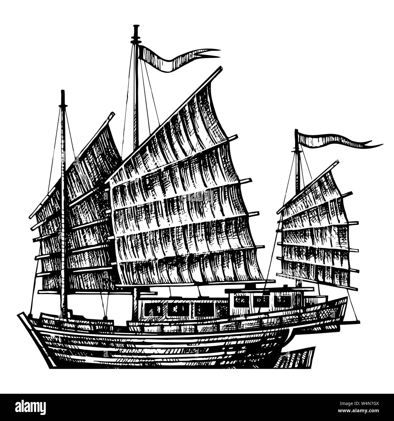 hand drawn design chinese Junk boat Stock Vector