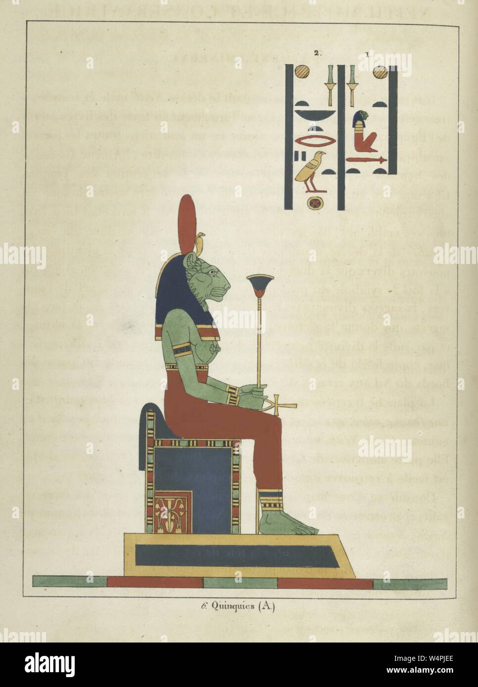 Ancient Egyptian goddess Sekhmet, holding the ankh and the scepter, the protector of the pharaohs and deity of healing, illustration from the book 'Pantheon Egyptien' by Leon Jean Joseph Dubois, 1824. From the New York Public Library. () Stock Photo