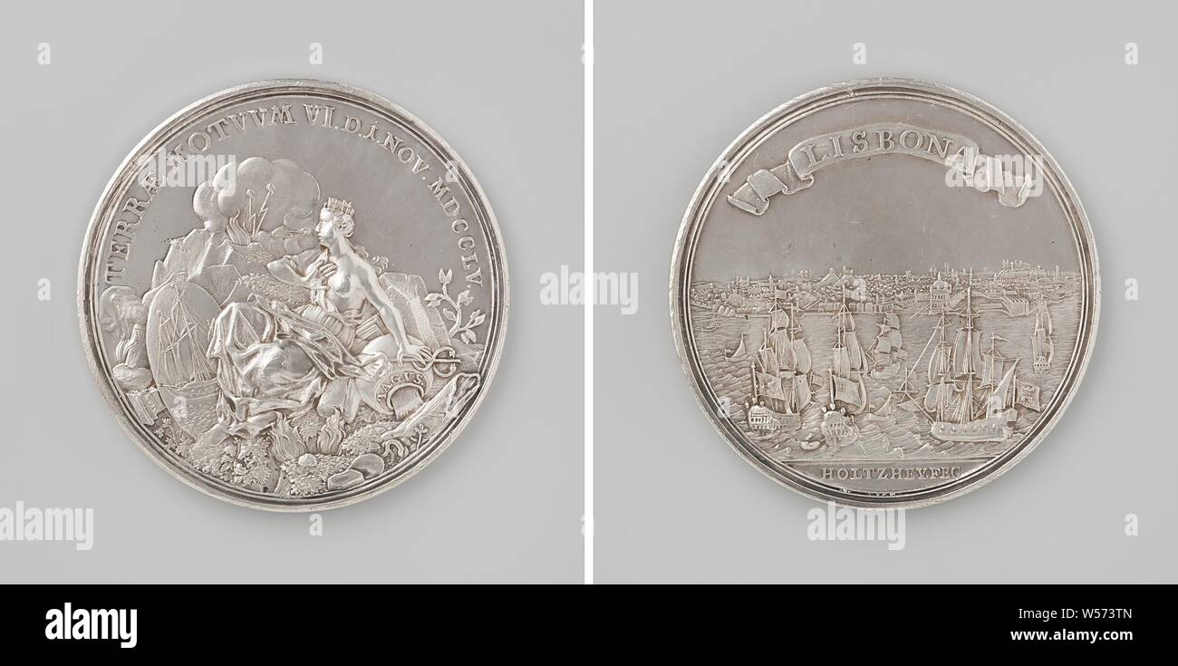 Lisbon earthquake, Silver Medal. Obverse: Lisbon, depicted as a crowned woman, is leaning on a water jug and Mercury staff with a coat of arms in front of them among the ruins of a city within a circle. Reverse: Lisbon city for earthquake, in the foreground ships under pennants with inscription, cut off: signature, Lisbon, Johan George Holtzhey, Amsterdam, 1755, silver (metal), striking (metalworking), d 5.5 cm × w 61.22 Stock Photo