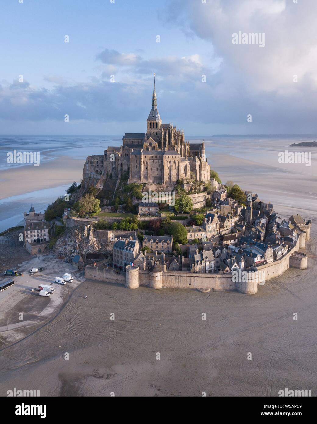 Mont St. Michel at low tide, aerial view, Le Mont-Saint-Michel, Manche, Normandy, France Stock Photo