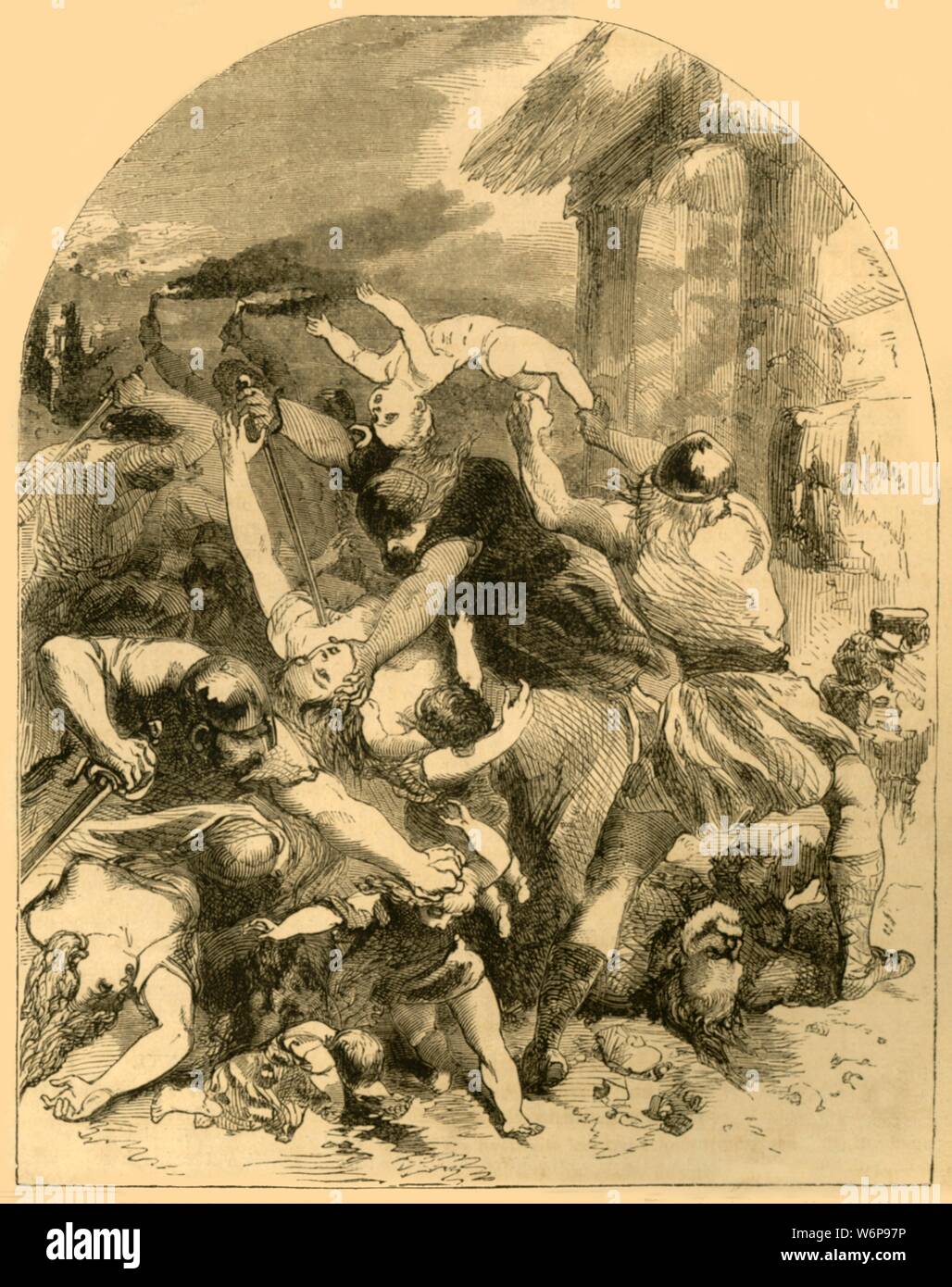 'The Sister of King Sweyn murdered in the General Massacre of the Danes by the Saxons, on the Eve of St. Brice, 1002', c1890. The St. Brice's Day massacre, the killing of Danes in England, 13 November 1002 in Oxford, was  ordered by King &#xc6;thelred the Unready and included the death of Gunhilde, sister of Sweyn I of Denmark.  From &quot;Cassell's Illustrated History of England&quot;. Stock Photo