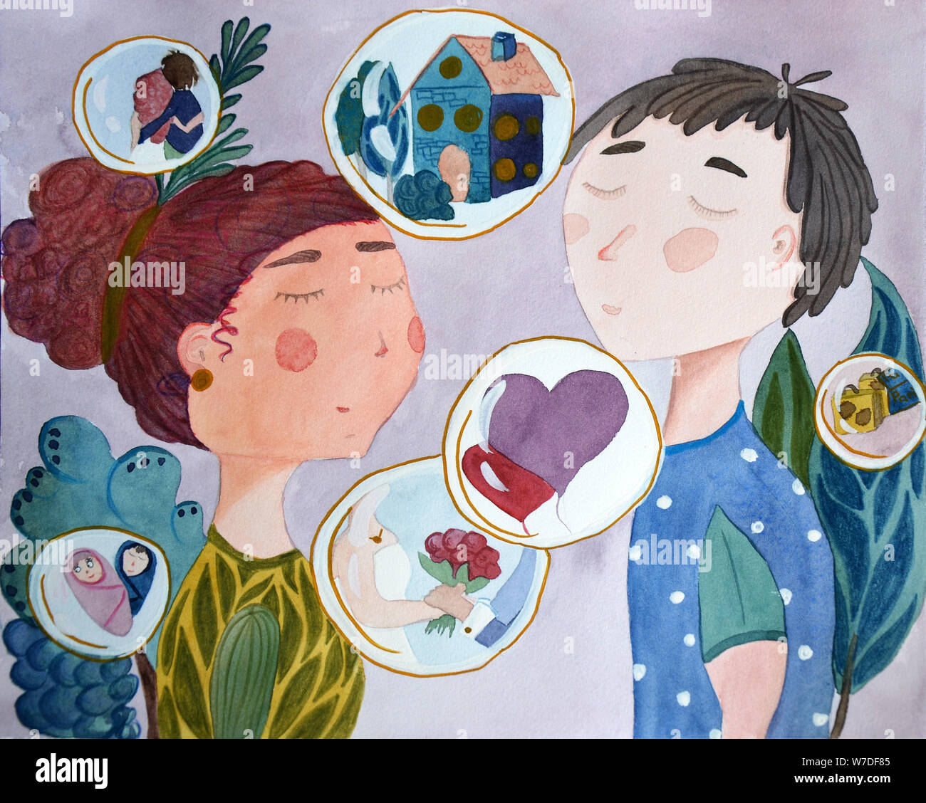 Watercolor people in love. Hand drawn couple illustration: young girl and boy, communication bubble with heart and dreams Stock Photo