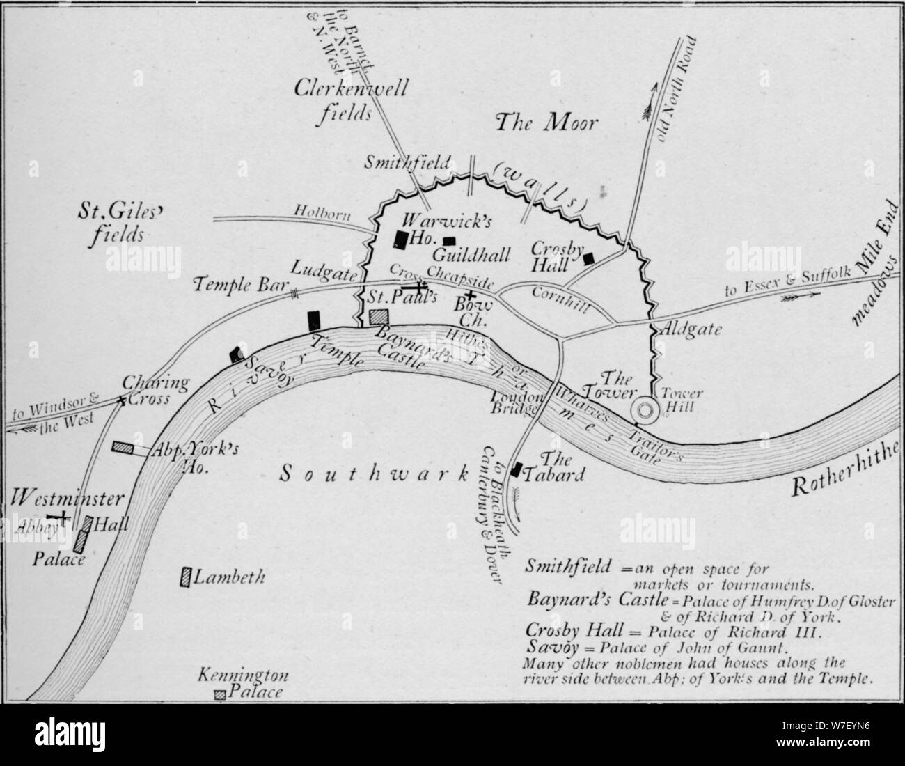 Sketch map of London in the 15th century, 1906. Artist: Unknown. Stock Photo