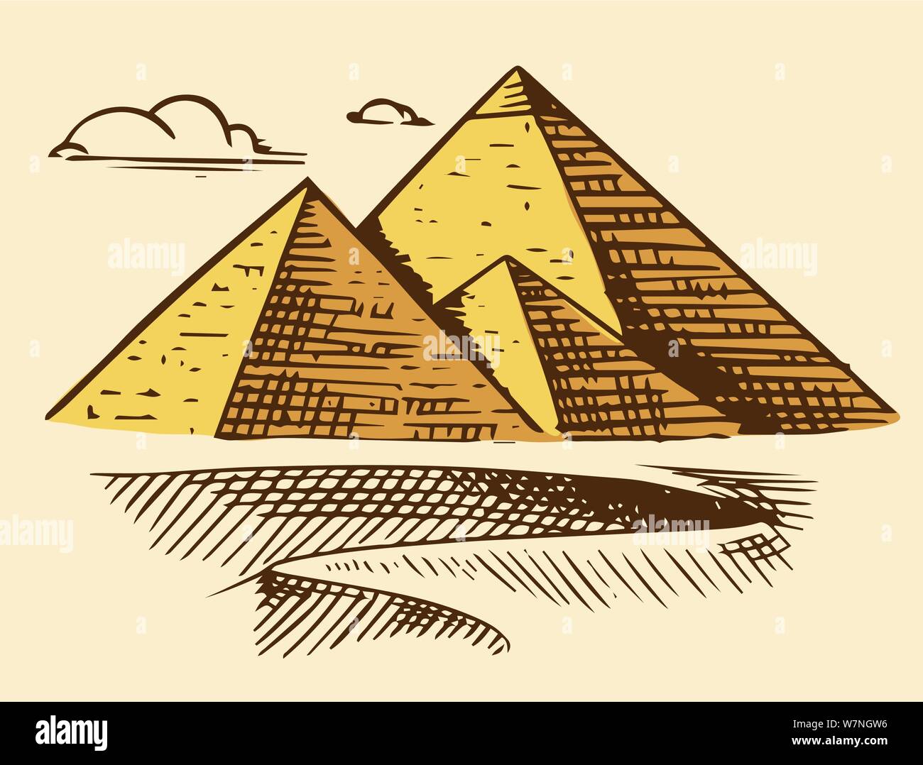 Great Pyramid of Giza. Seven Wonders of the Ancient World. The great construction of the Greeks. Hand drawn engraved vintage sketch. Stock Vector