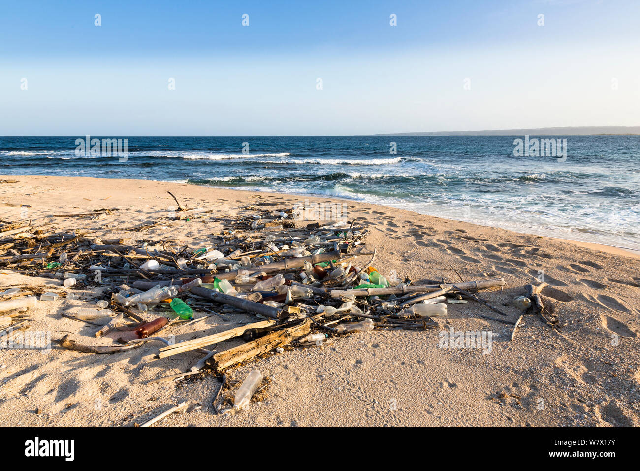 Marine debris on beach along the Caribbean Sea,  Venezuela, February 2014. Stock Photo