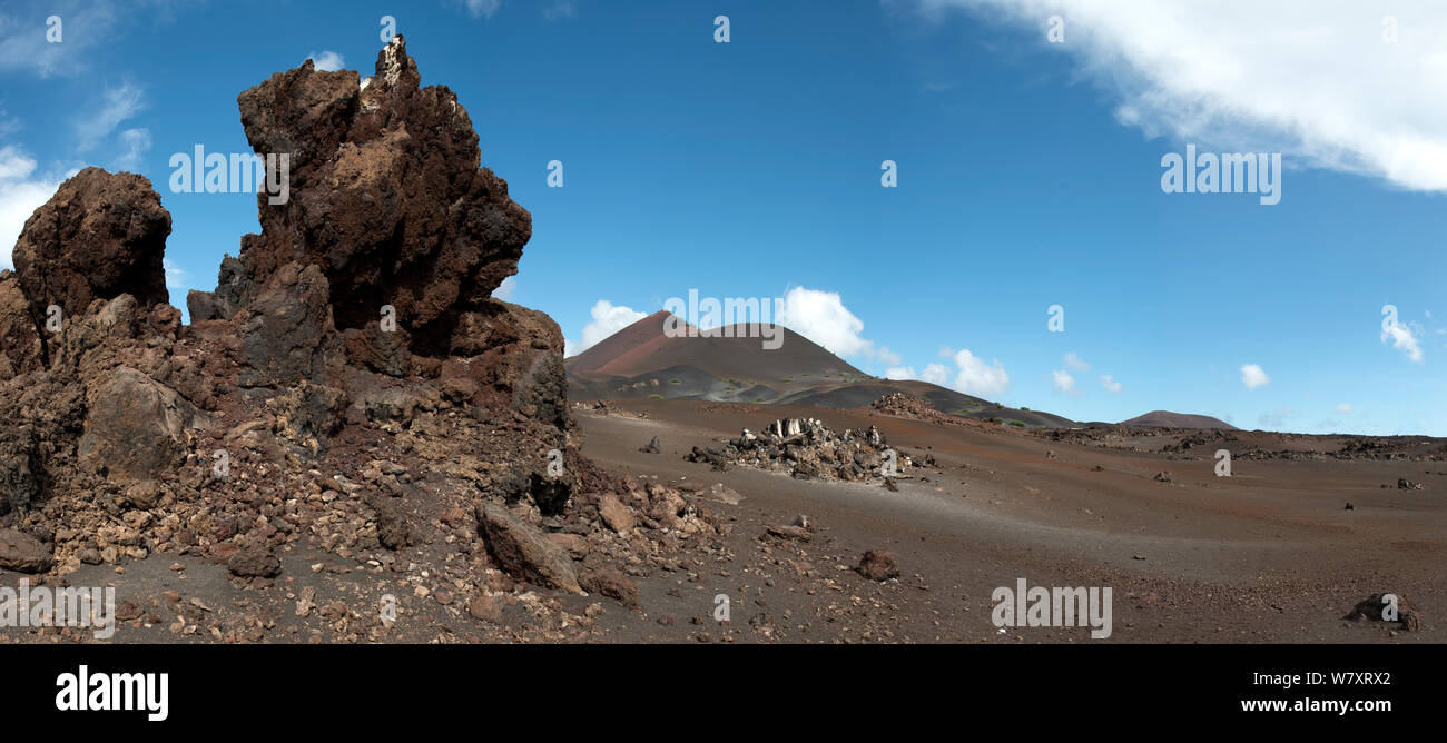 Fumerole with The Sisters Volcano on the horizon, Ascension Island, Atlantic Ocean. April 2014. Stock Photo