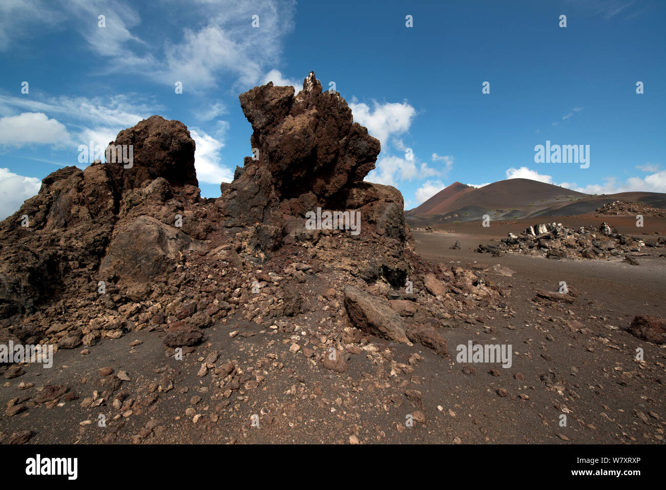 Fumerole with The Sisters Volcano on the horizon, Ascension Island, Atlantic Ocean. April 2014. Stock Photo