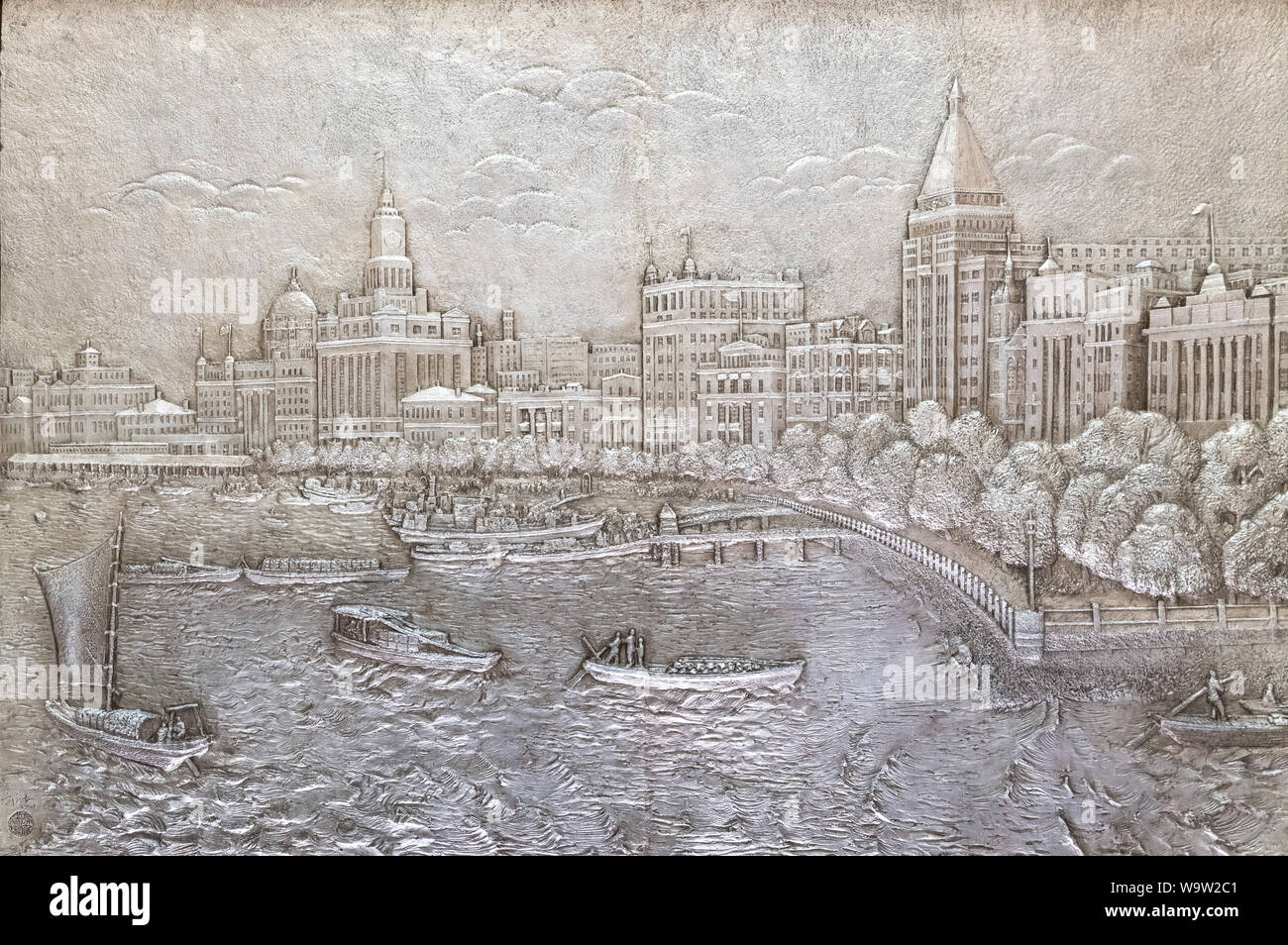 Bas relief decoration in the lobby of the historic Art deco Fairmont Peace Hotel, The Bund, Shanghai, China Stock Photo