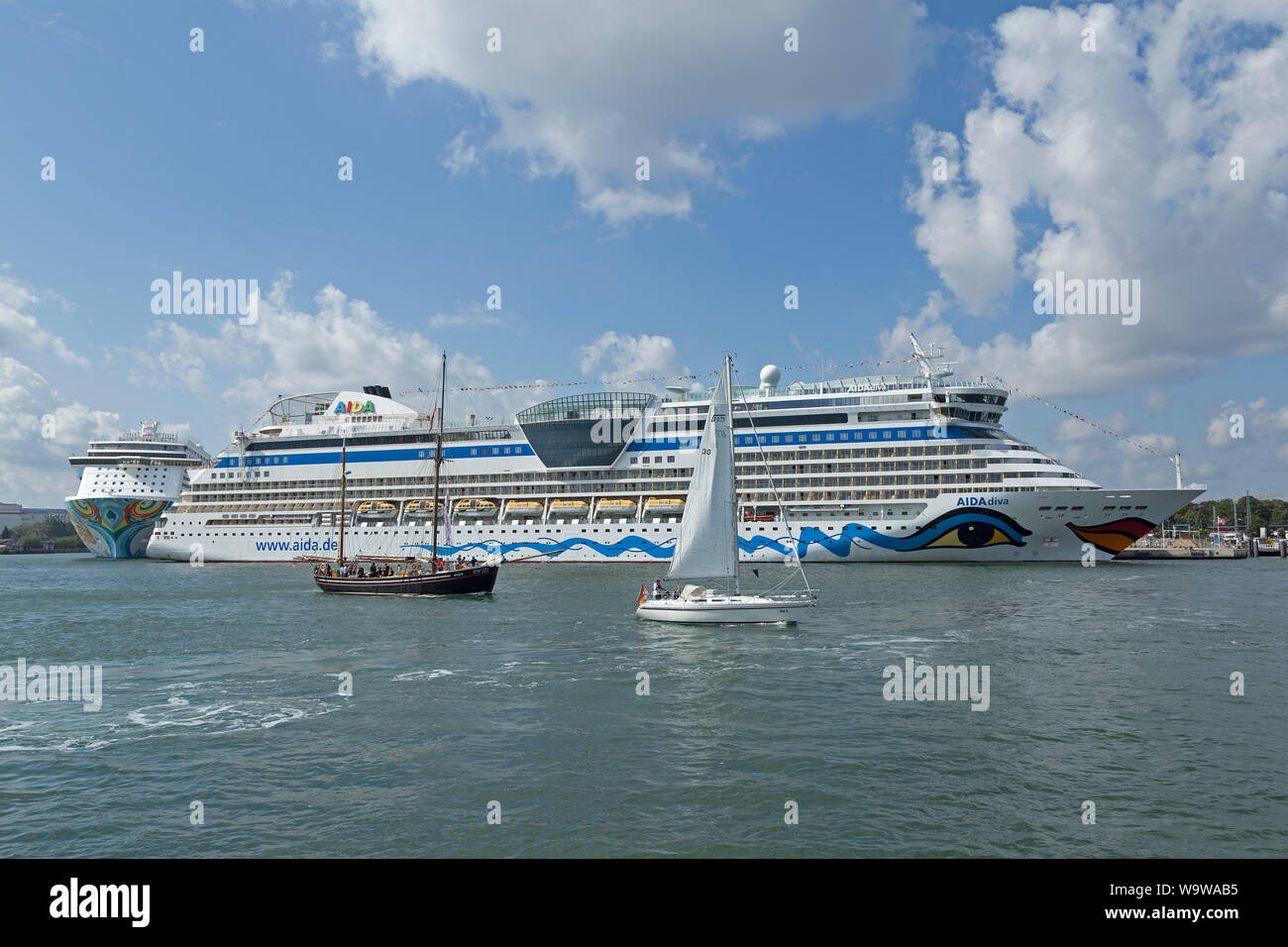 cruise ships Norwegian Getaway and AIDAdiva, Hanse-Sail, Warnemünde, Rostock, Mecklenburg-West Pomerania, Germany Stock Photo