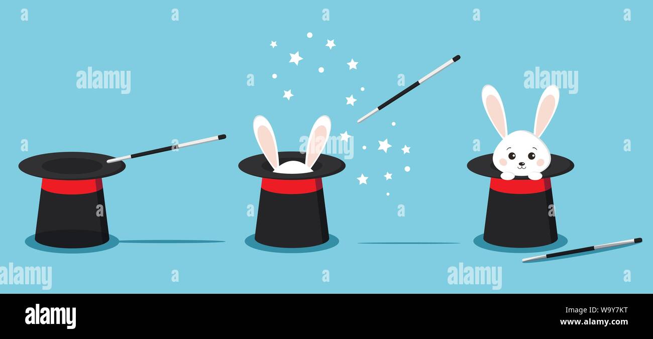 Isolated magician s black hat, magic hat with bunny ears, white rabbit in hat with magic wand. Stock Vector