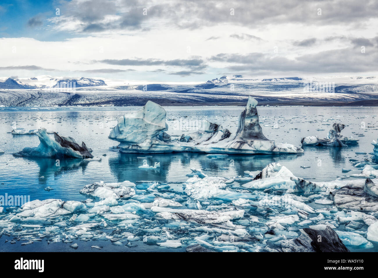 amazing iceberg formations at jokulsarlon glacial lagoon, place of James Bond Film on iceland, summer Stock Photo