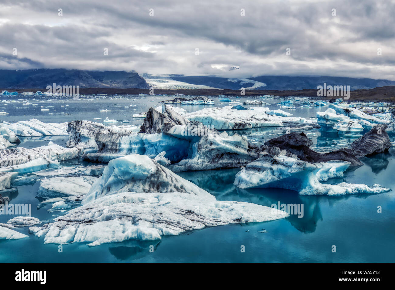 amazing iceberg formations at jokulsarlon glacial lagoon, place of James Bond Film on iceland, summer Stock Photo