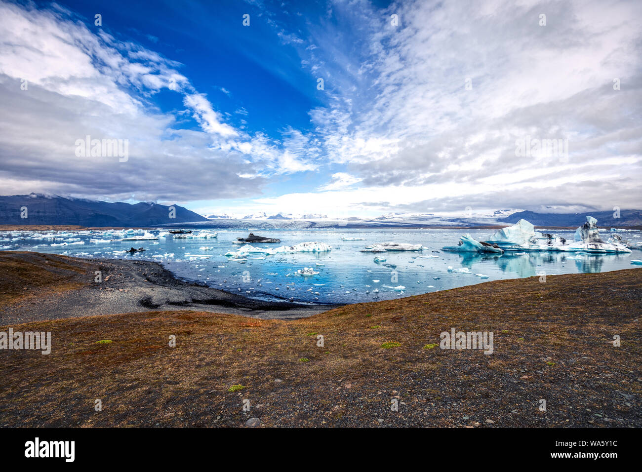 amazing iceberg formations at jokulsarlon glacial lagoon, place of James Bond Film on iceland, summer Stock Photo