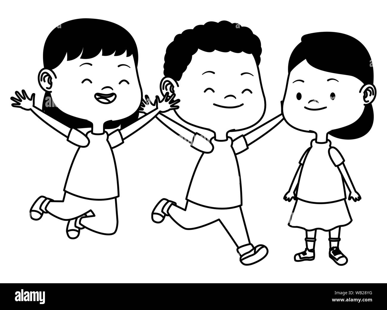 Cute happy kids having fun in black and white Stock Vector