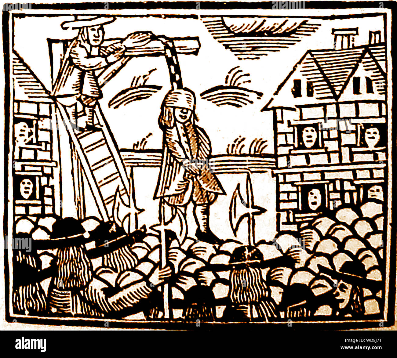 An historic early woodcut engraving showing Stock Photo