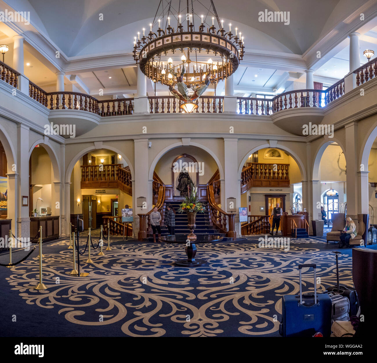 Interior lobby of the Chateau Lake Louise in Banff National Park on February 19, 2017 in Alberta, Canada. Chateau Lake Louise is a famous summer and w Stock Photo