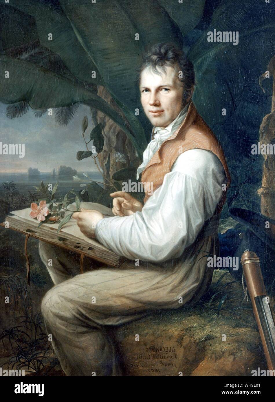 Humboldt in Venezuela, plant press on his lap, top hat and barometer behind him.  Painting by F. G. Weitsch. Stock Photo